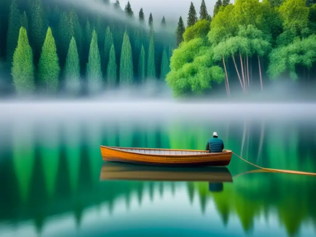 Un lago tranquilo rodeado de árboles verdes altos, con un bote de madera solitario flotando cerca de la orilla