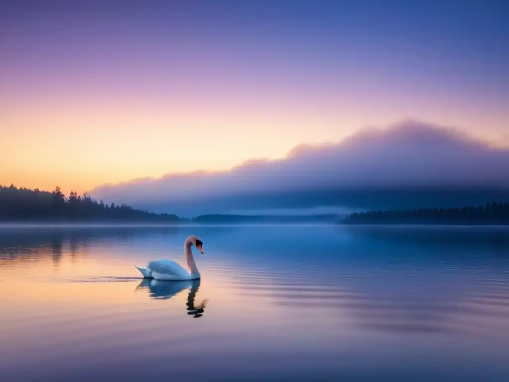 Un lago tranquilo reflejando tonos suaves de un atardecer, con un cisne solitario, creando un ambiente de paz y contemplación