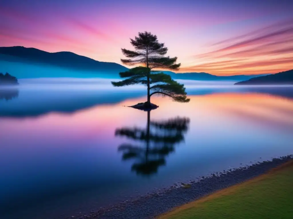 Un lago tranquilo reflejando un vibrante atardecer, con un árbol solitario en la orilla, simbolizando introspección y poesía lírica