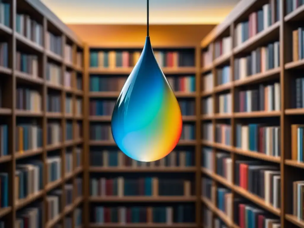 Una lágrima suspendida en el aire, reflejando colores como un prisma, en una biblioteca serena llena de libros de poesía