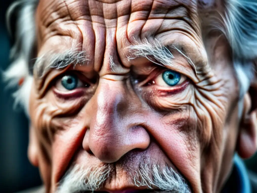 Una lágrima única recorriendo el rostro de un anciano, reflejando tristeza, sabiduría y resiliencia