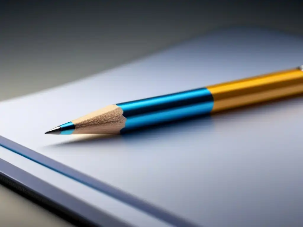 Un lápiz plateado sobre un cuaderno blanco, reflejando refinamiento y precisión en el proceso de pulir poemas