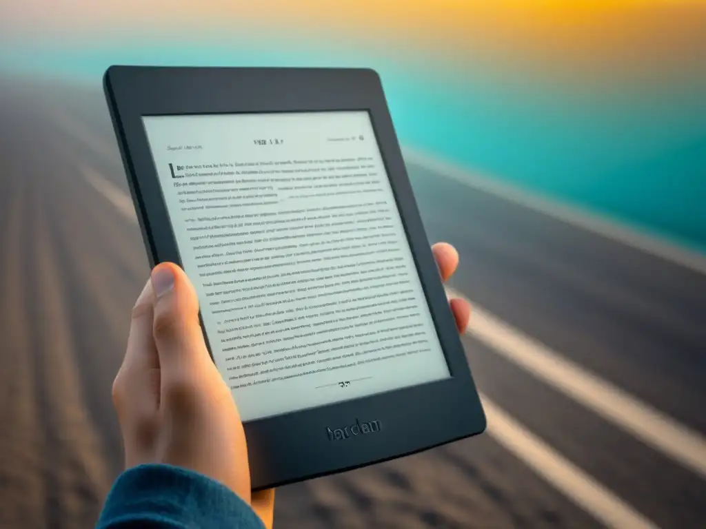 Un lector electrónico moderno muestra la portada de un libro de poesía visual vibrante, en un fondo minimalista