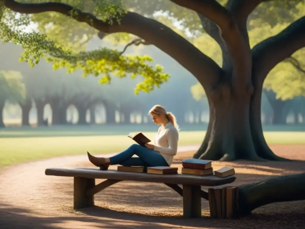 Un lector solitario bajo un roble, con un libro de poesía, en una escena serena