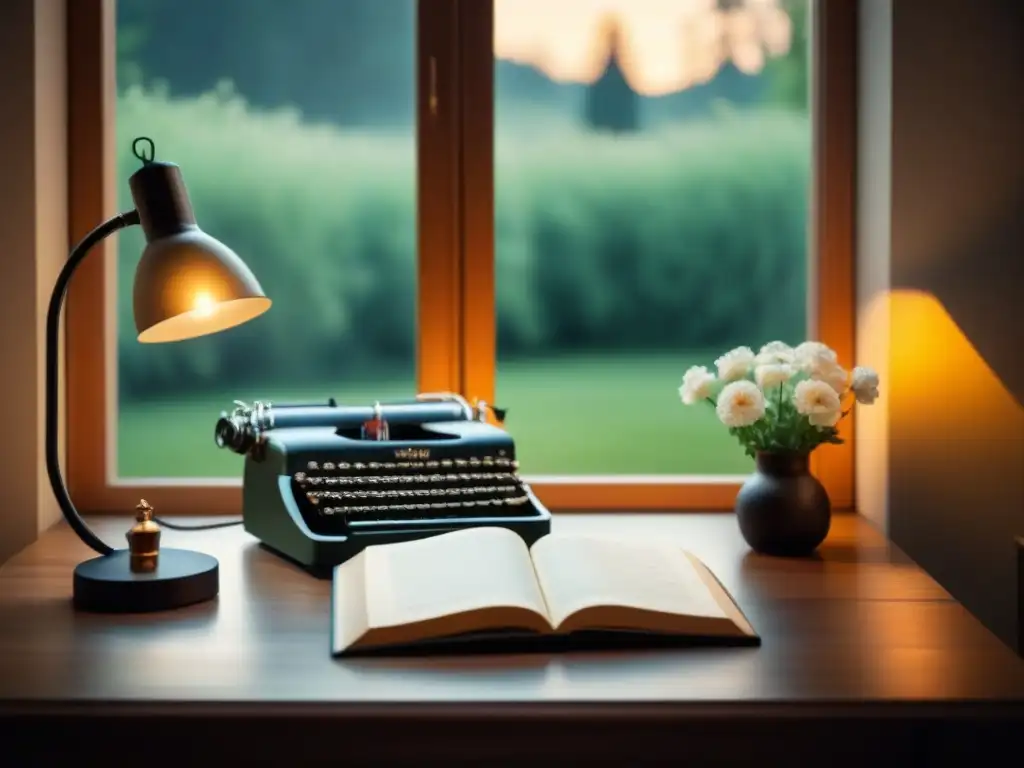 Un rincón de lectura acogedor con escritorio de madera, libros de poesía y una máquina de escribir vintage