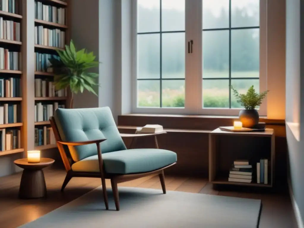 Un rincón de lectura minimalista con libros de poesía y una taza de té, cerca de la ventana con vista a un jardín tranquilo