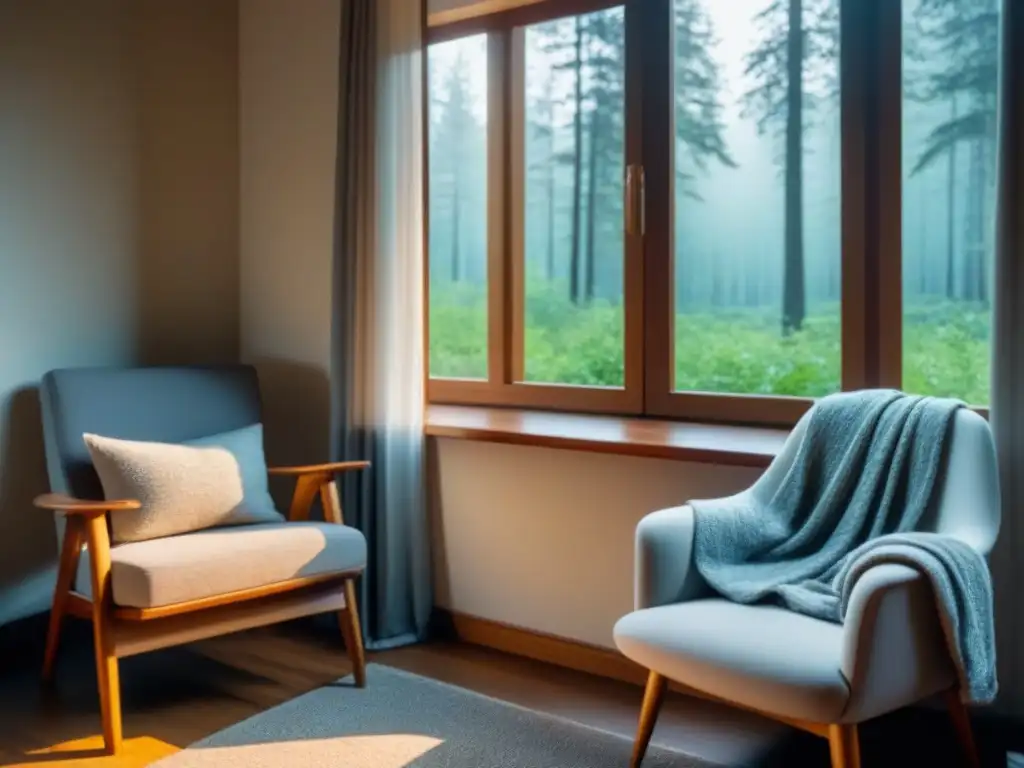 Rincón de lectura sereno con vista al bosque Un rincón de lectura poética en armonía con la naturaleza