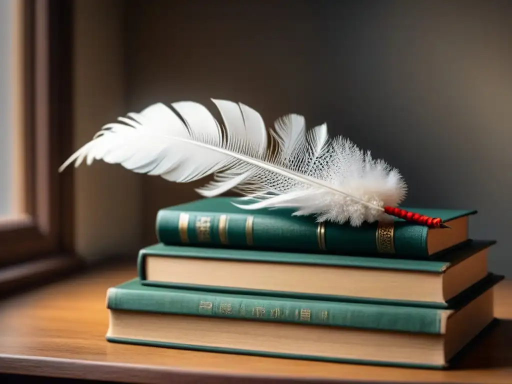 Legado en poesía transformadora: pluma sobre libros vintage en blanco y negro, con luz natural y sombras