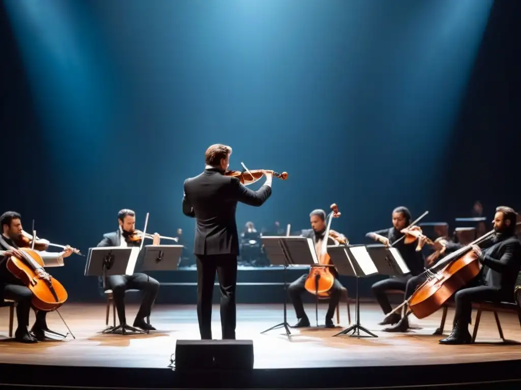 Un lenguaje sonoro poético transformador de palabras, la orquesta interpreta con intensidad en un escenario iluminado