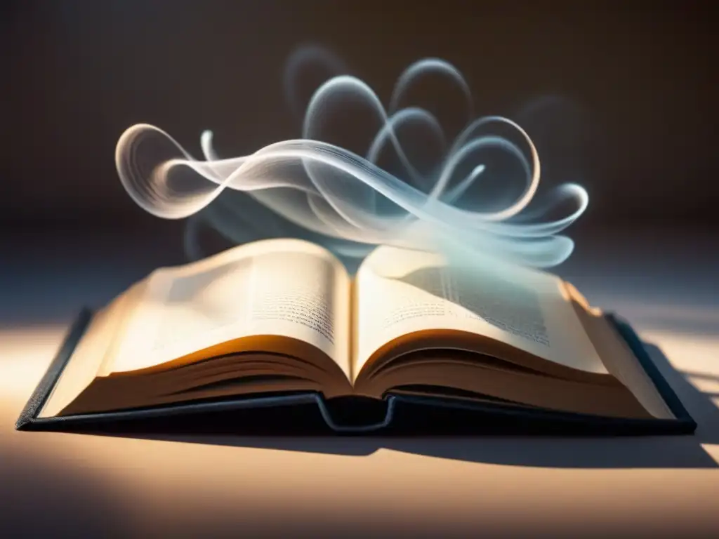 Un libro abierto en el aire, con versos etéreos escapando y páginas en movimiento