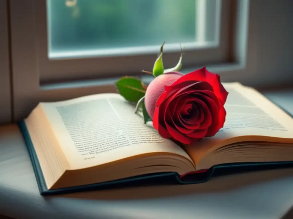 Una rosa roja reposa sobre un libro abierto, iluminada por la suave luz natural, creando un impacto poético al estilo Rupi Kaur