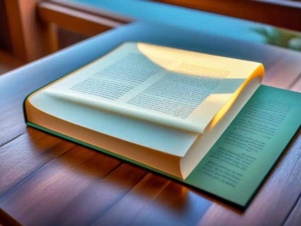 Un libro abierto descansa sobre una mesa de madera, iluminado por luz natural