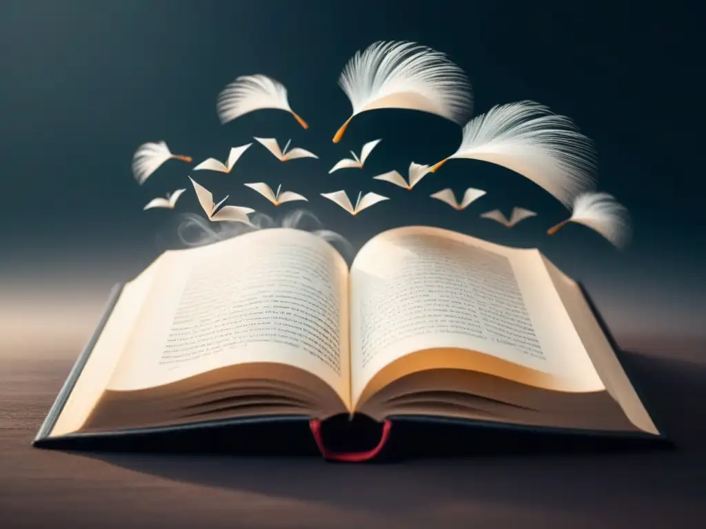 Un libro abierto con páginas al aire y versos de poesía flotando, rodeado de un ambiente etéreo