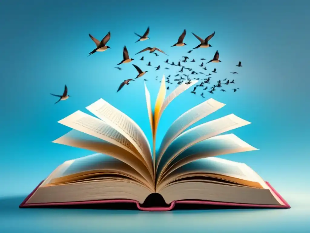 Libro abierto: poesía que libera al alma Un libro abierto con páginas convertidas en pájaros, simbolizando el poder transformador de la poesía en el bienestar emocional