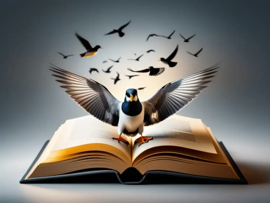 Un libro abierto con páginas convertidas en aves, simbolizando la poesía liberadora