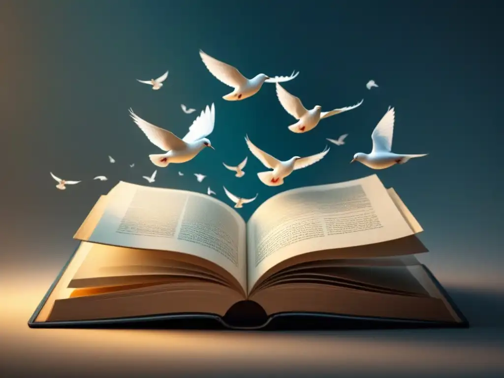 Poesía para la paz: libros y palomas en diálogo intercultural Un libro abierto con páginas que se transforman en palomas volando, simbolizando la poesía como herramienta de paz en un diálogo intercultural