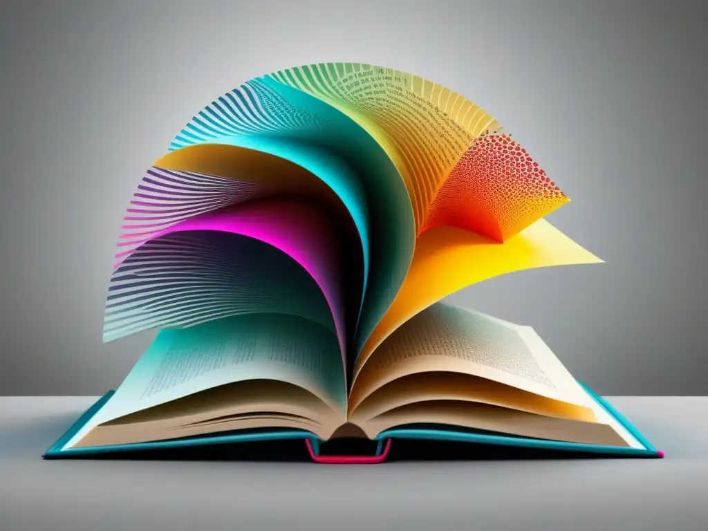 Un libro abierto con páginas que cambian de patrones abstractos a dibujos detallados de emociones humanas