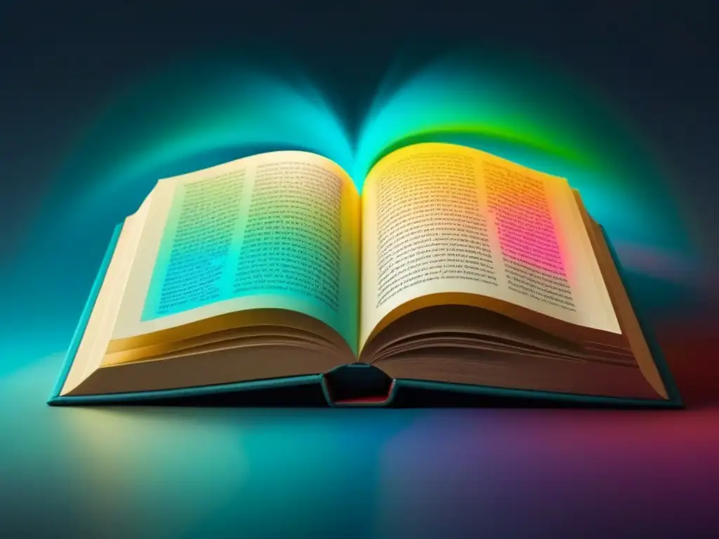 Un libro abierto con palabras y frases vibrantes que fluyen como un río, transformándose en diseños evocadores