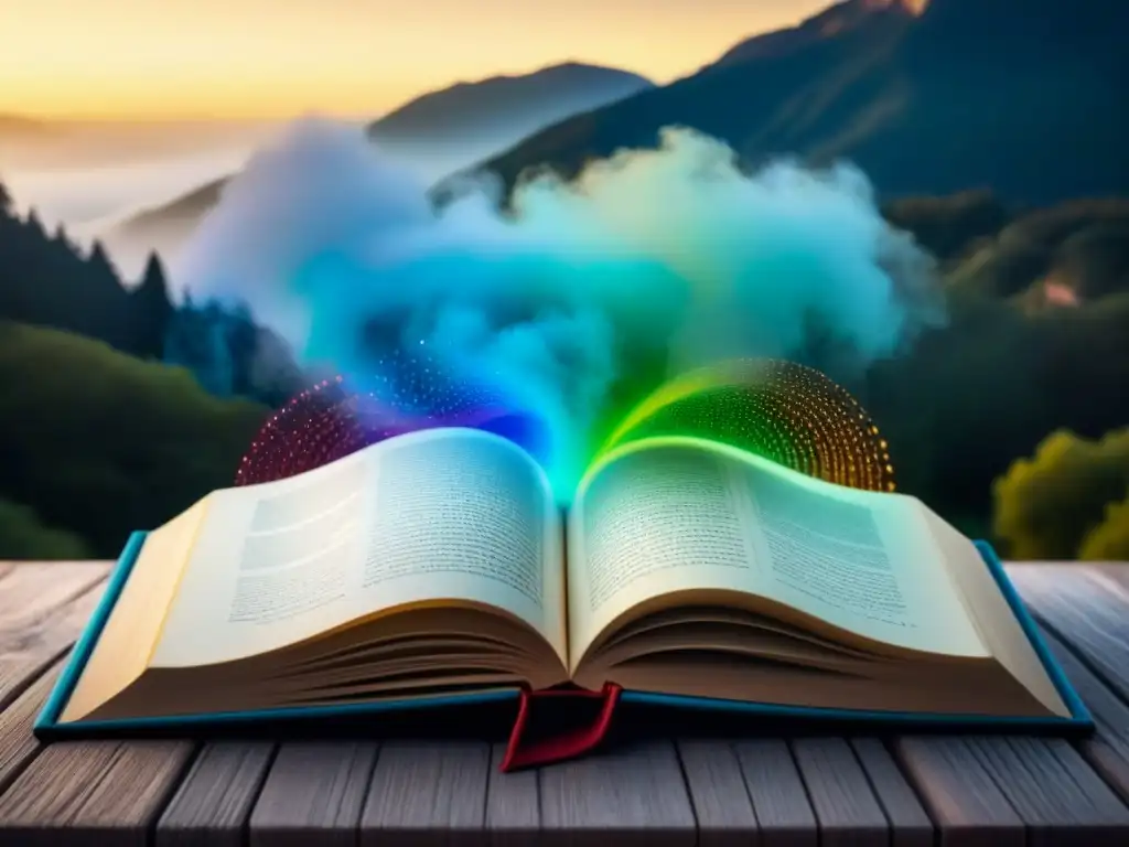 Un libro abierto con patrones intrincados y colores vibrantes, simbolizando la poesía transformadora de diferentes culturas