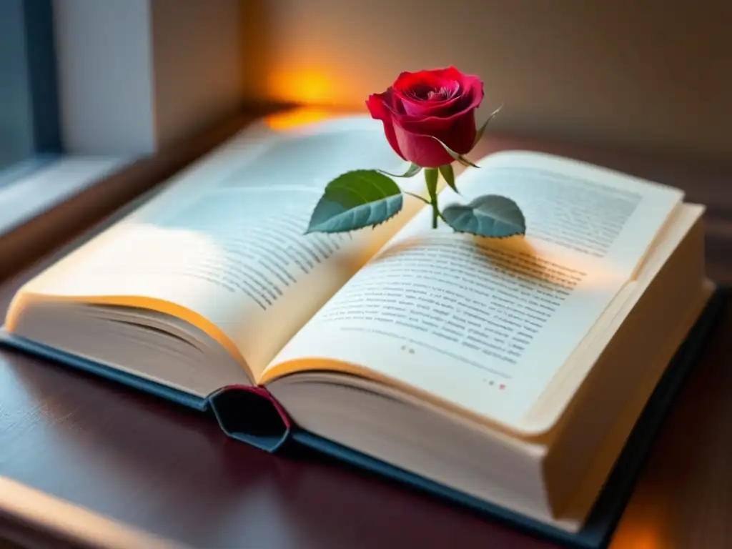 Un libro abierto con una rosa roja, en una biblioteca iluminada por el sol