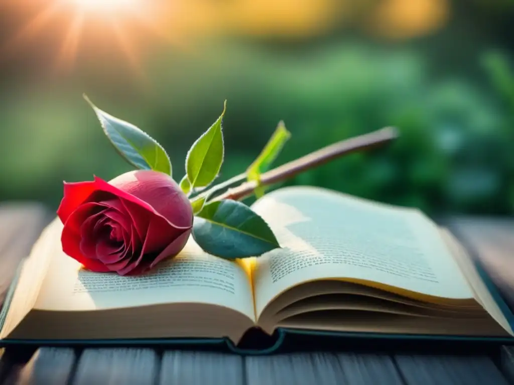 Un libro abierto con una rosa roja sobre sus páginas, en un jardín tranquilo iluminado por el sol