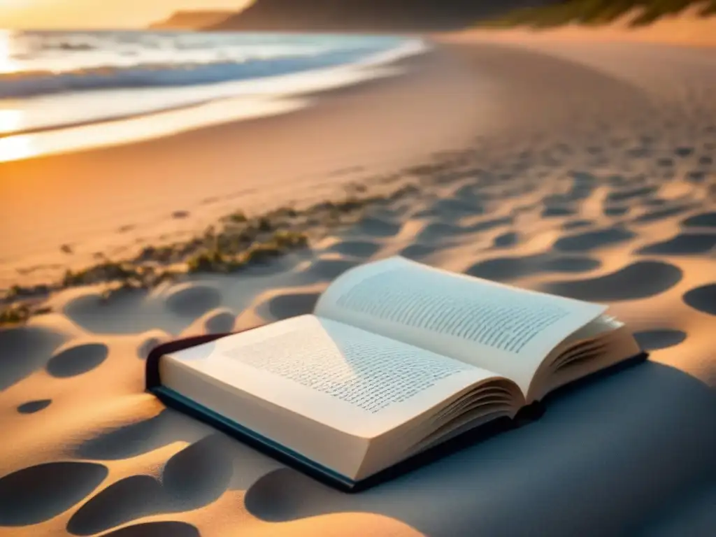 Un libro abierto descansando en una toalla en una playa al atardecer, ideal para leer poesía en la playa
