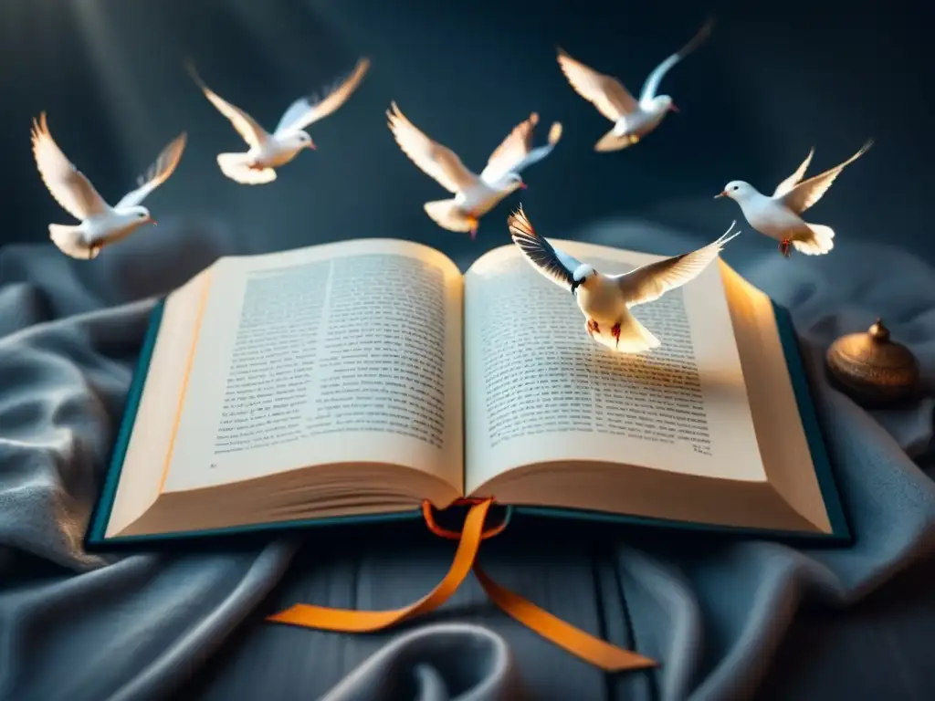 Un libro abierto con versos poéticos y símbolos de derechos humanos en blanco y negro