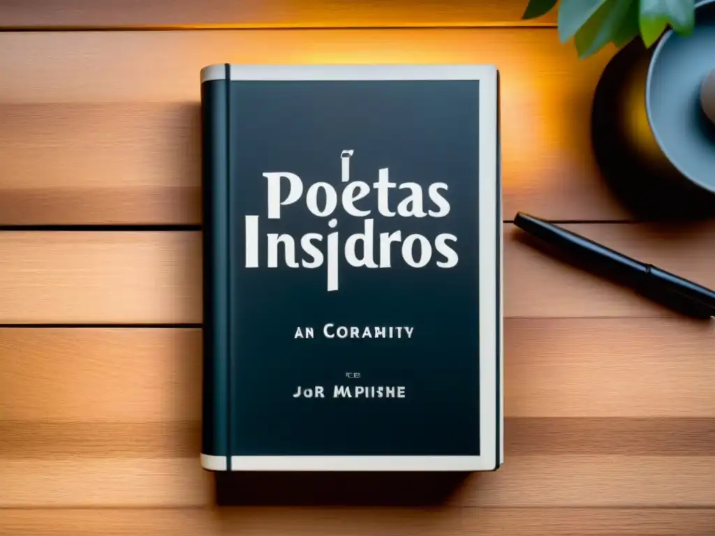 Libro antiguo iluminado: Poetas Inspiradores Un libro antiguo de cuero rodeado de luz, con 'Poetas inspiradores para generaciones' en la portada