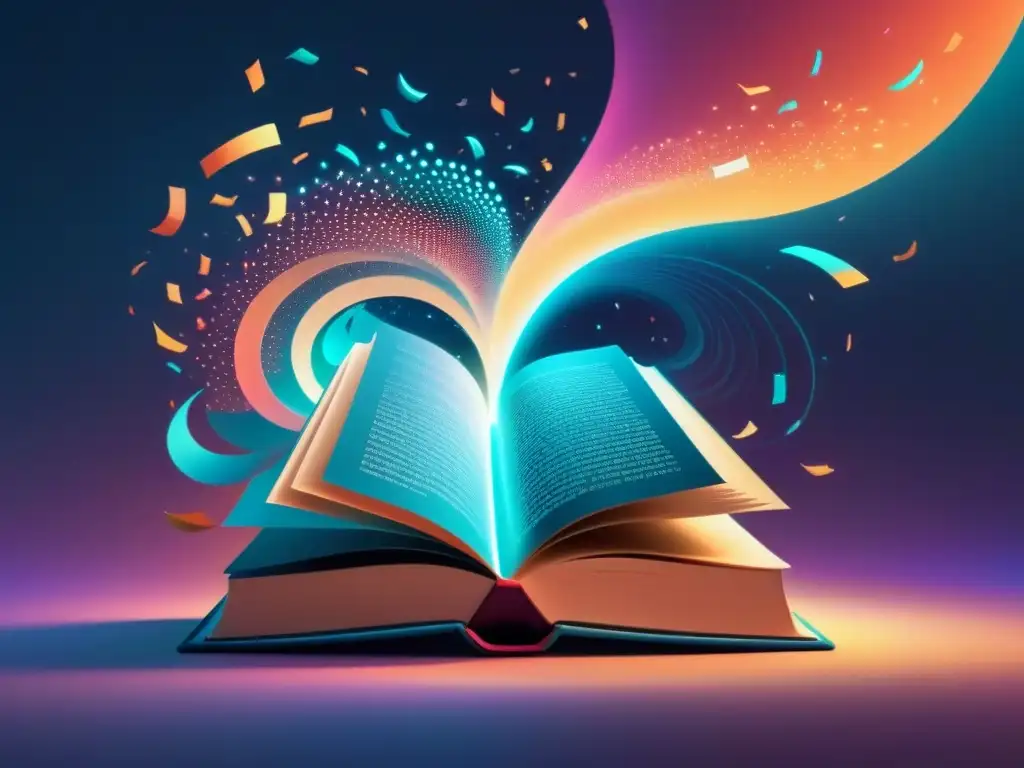 Un libro etéreo resplandece en un paisaje digital, rodeado de palabras y colores vibrantes, simbolizando la poesía lírica transformadora de palabras