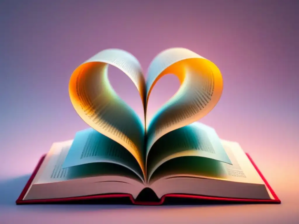 Un libro en forma de corazón rebosante de Poemas de amor conmovedores, cada sílaba brillando como un hilo en las páginas