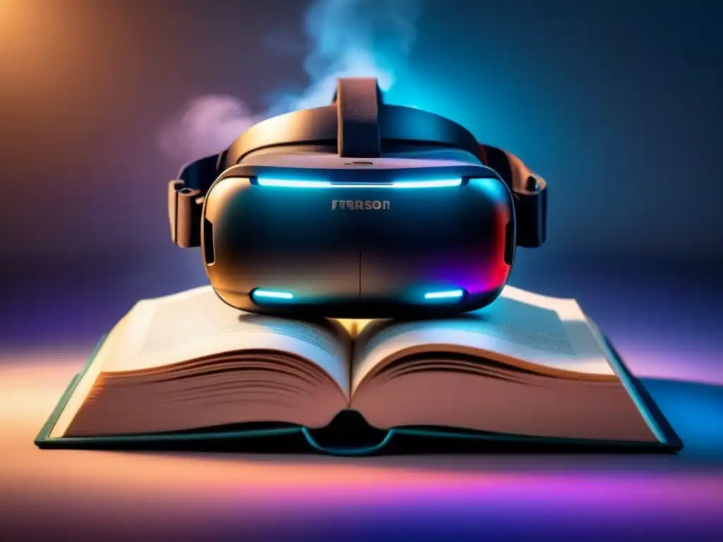 Un libro de poesía fusionado con una visera de realidad virtual, simbolizando la transformación digital en la literatura