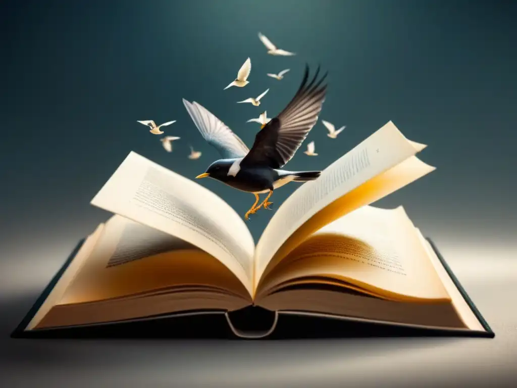 Un libro se transforma en pájaros volando, simbolizando el poder transformador de la poesía