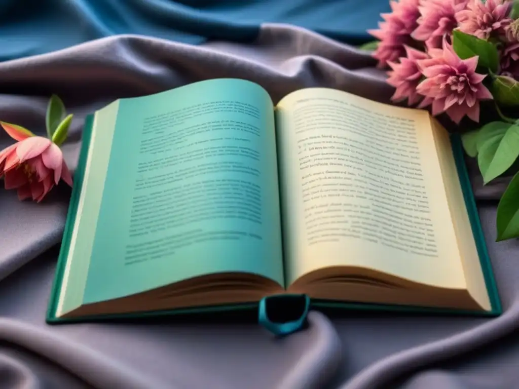 Poesía moderna y delicadas flores en tonos pastel Un libro de poesía moderna con poemas escritos a mano, rodeado de flores y líneas suaves