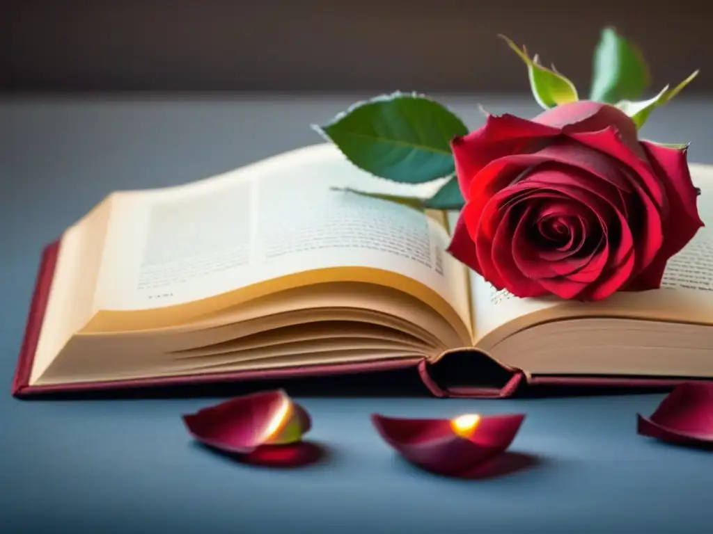 Una rosa roja reposa sobre un libro de poesía, iluminando suavemente las páginas