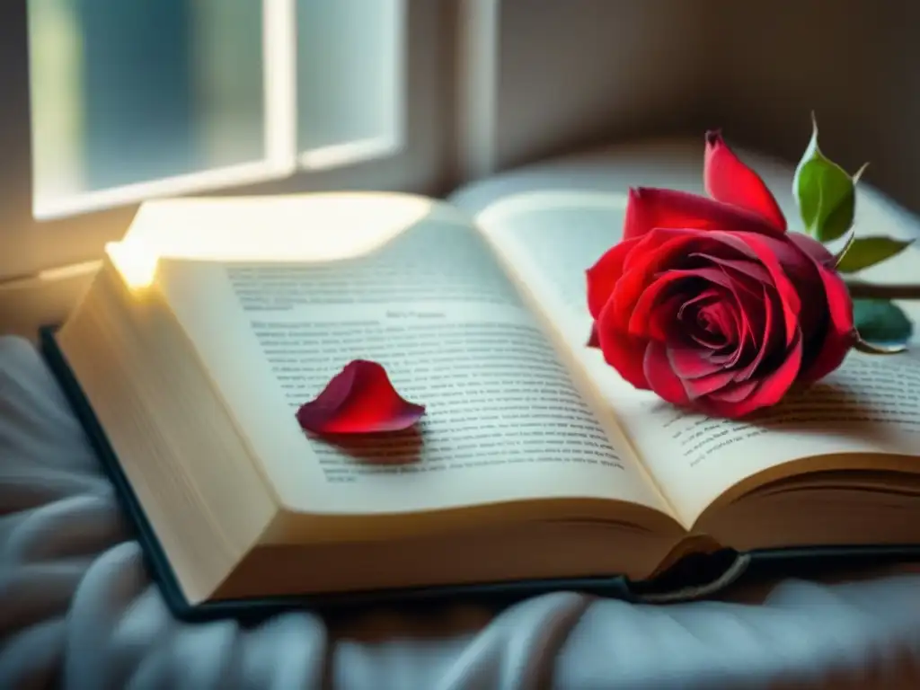 Un libro de poesía con una rosa roja, resaltando la belleza y profundidad de las palabras