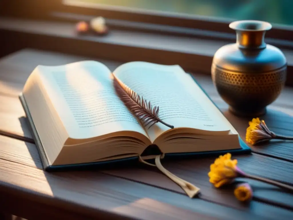 Un libro de poesía transformadora reposa en una mesa de madera, iluminado por la luz natural, rodeado de flores secas y una pluma antigua