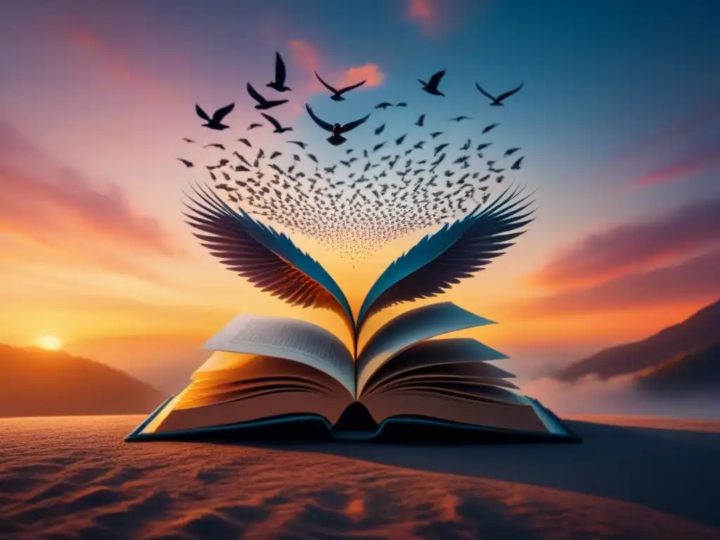 Libros de poesía transformadora: Un libro abierto con páginas aladas se transforma en pájaros en vuelo al atardecer