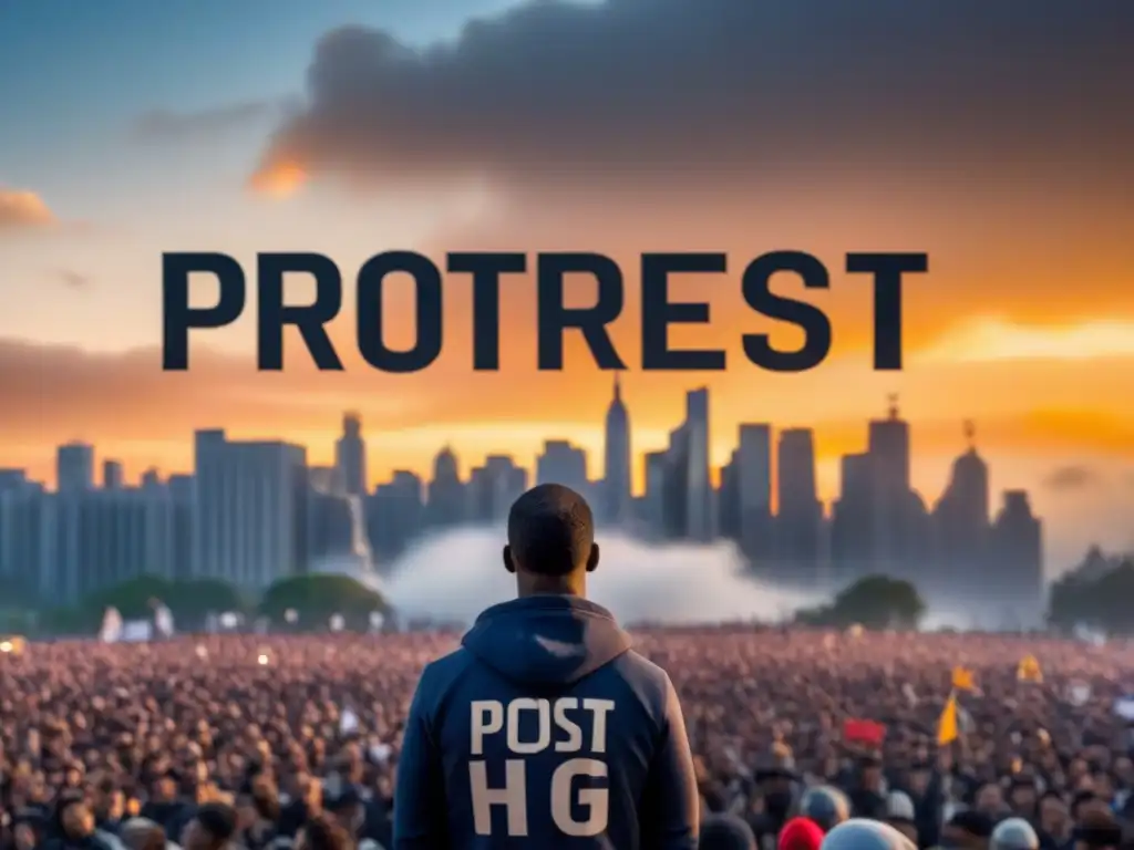 Figura solitaria en protesta: voz valiente ante multitud Un líder entre la multitud, con versos sobre protestas transformadoras en un micrófono, ante un atardecer de esperanza en la ciudad