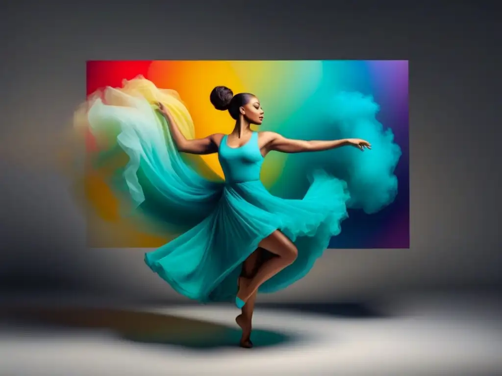 Un lienzo en blanco con colores vibrantes y envolventes en fluida danza, simbolizando el experimento poético versos danzan