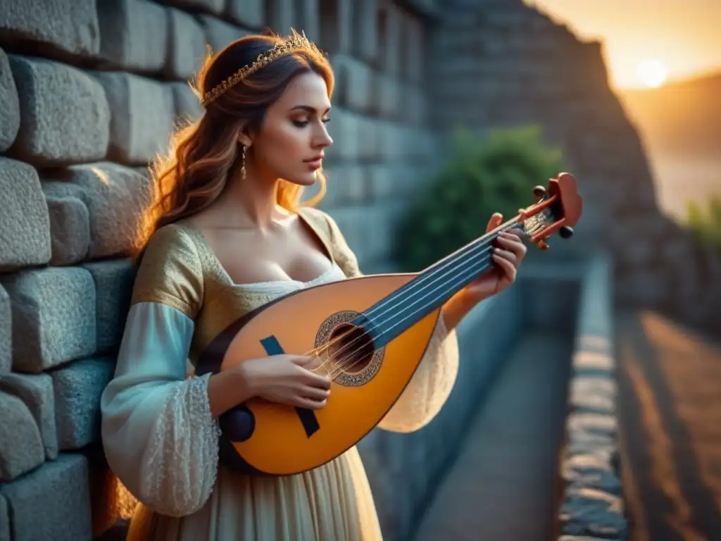 Una lira medieval descansa delicadamente en una pared de piedra al atardecer, evocando la poesía trovadoresca de Beatriz de Día