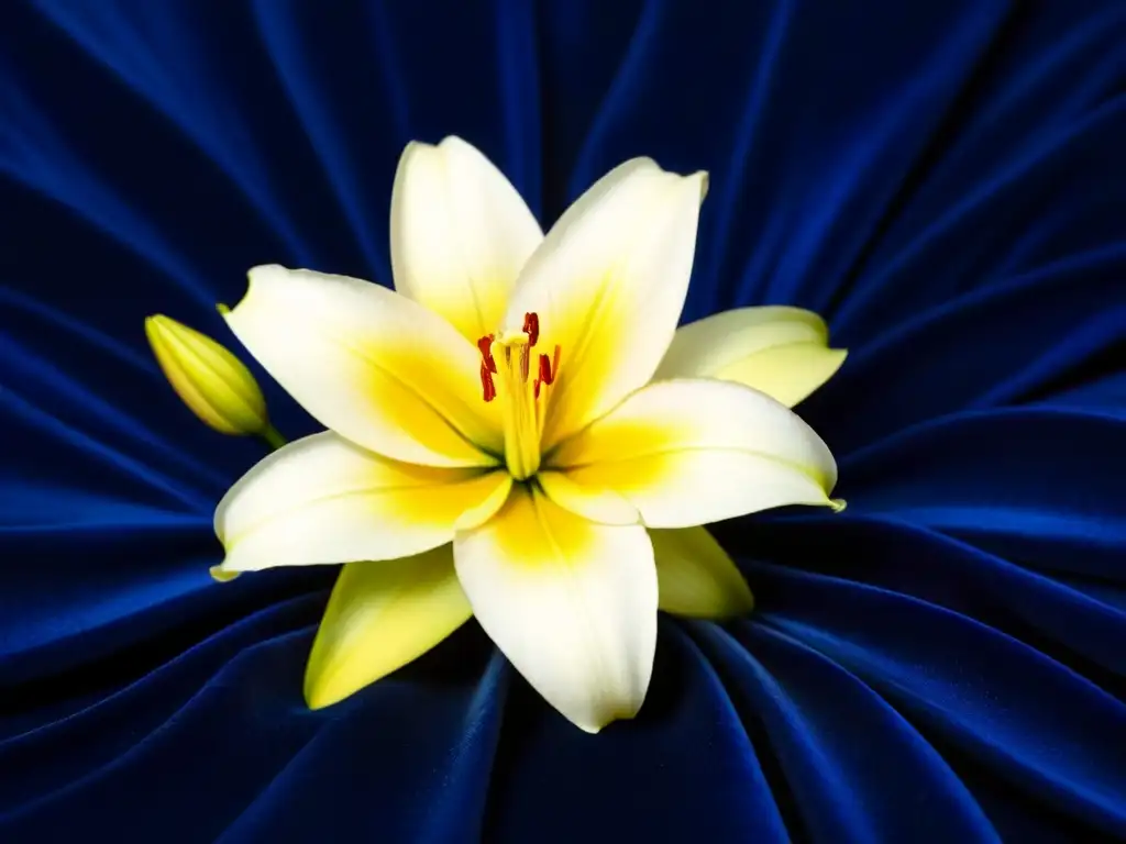 Una lirio blanco reposa sobre terciopelo azul, iluminado por una suave luz dorada