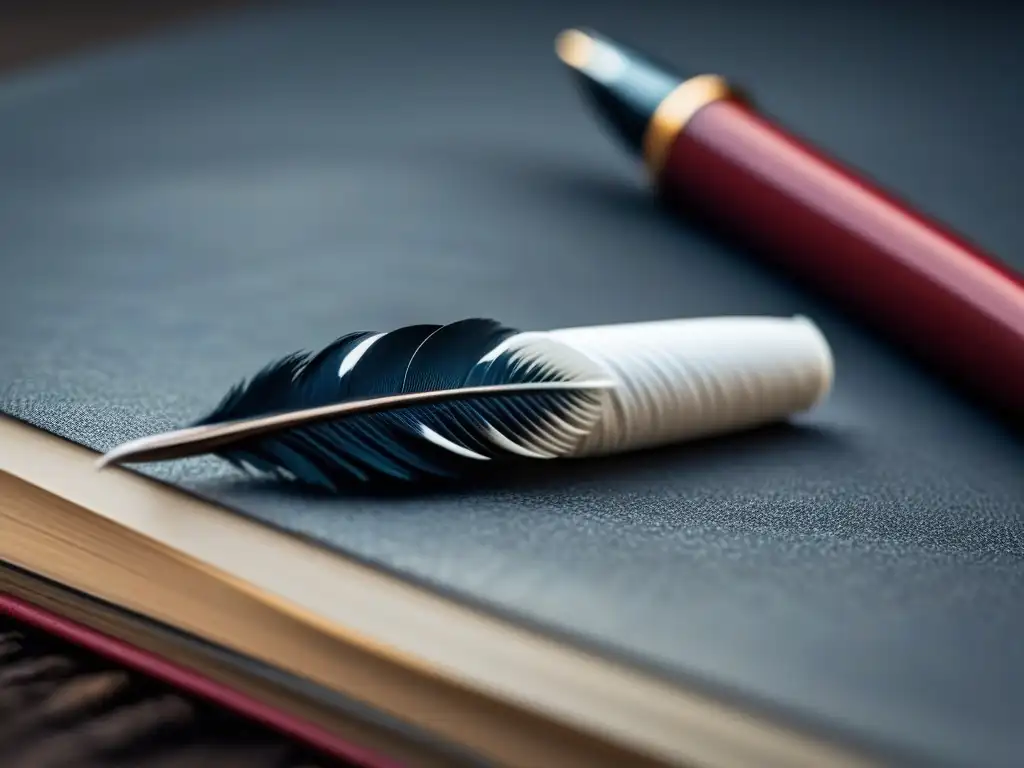Fusión poesía filosofía literatura moderna: Pluma y piedra entrelazadas en contraste visual y conceptual