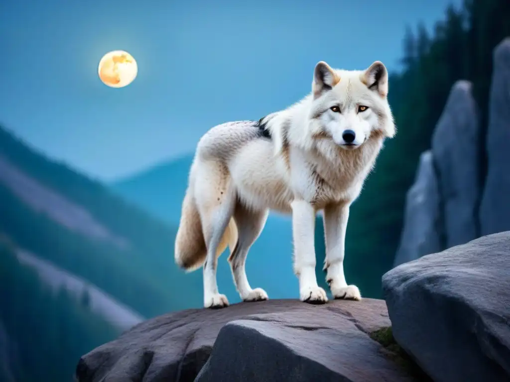 Un lobo blanco majestuoso en un acantilado rocoso, mirada sabia y misteriosa