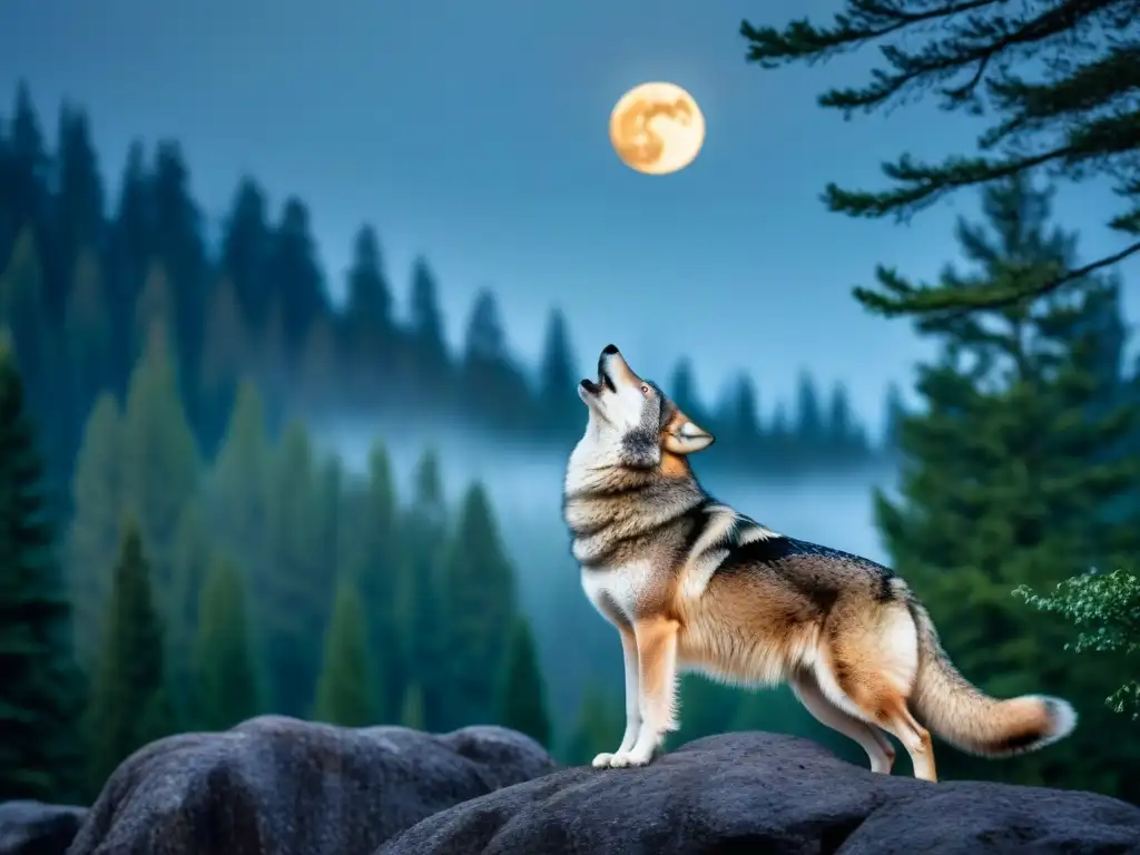 Un lobo solitario aúlla a la luna en un bosque sereno