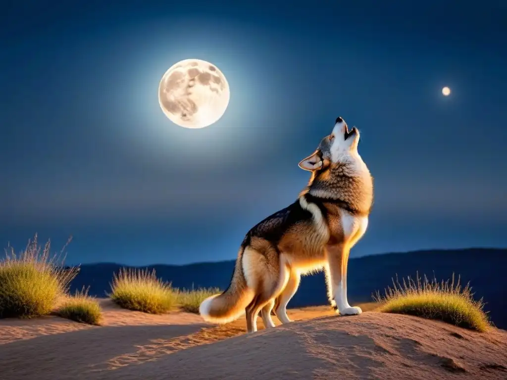 Un lobo solitario aullando a la luna llena en una noche serena