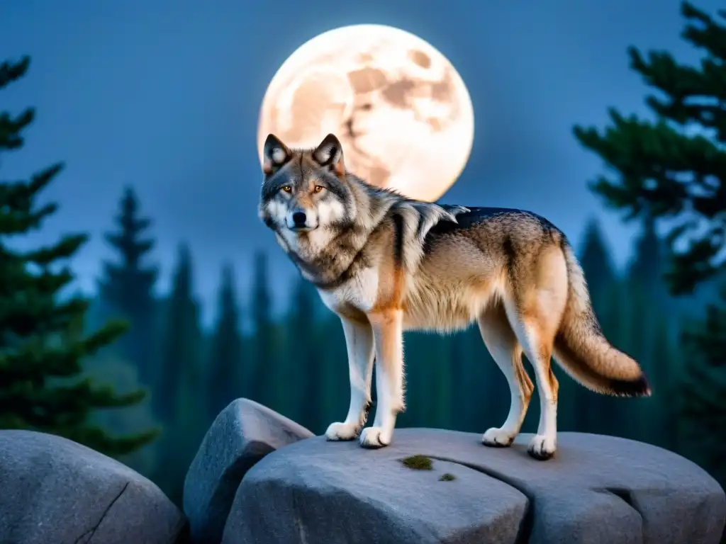 Un lobo solitario en la naturaleza bajo la luna llena