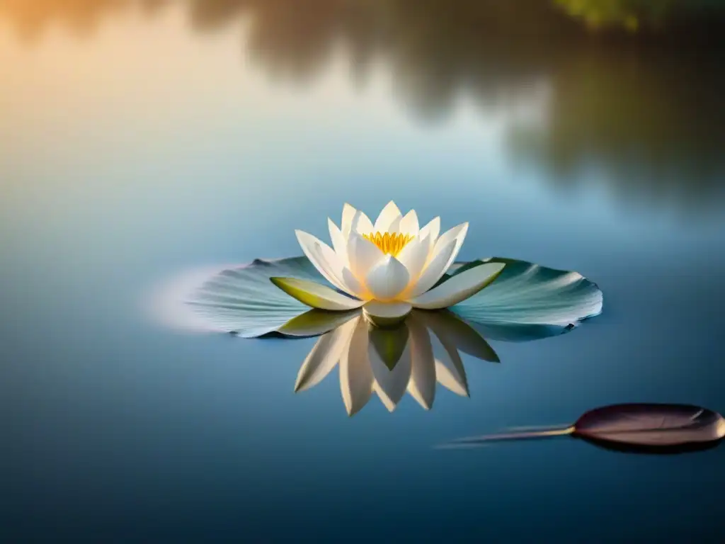 Un loto blanco flotando en agua quieta al amanecer, simbolizando pureza y esperanza con poesía terapéutica sanar heridas