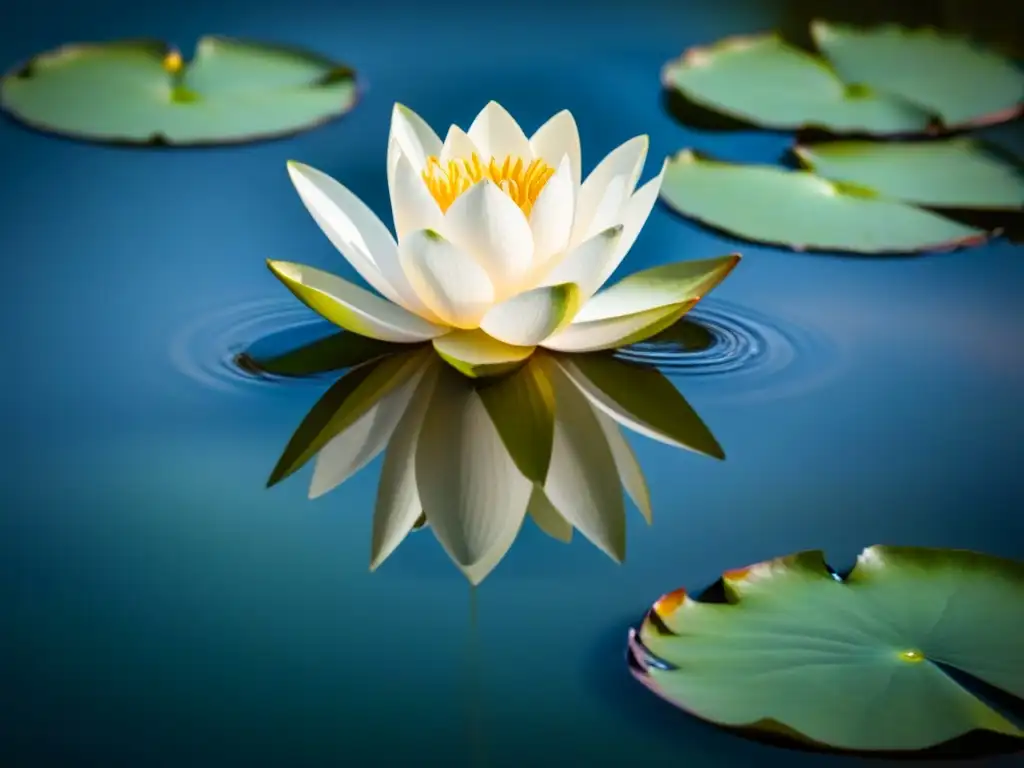 Un loto blanco flotando en un estanque, reflejando su belleza y serenidad