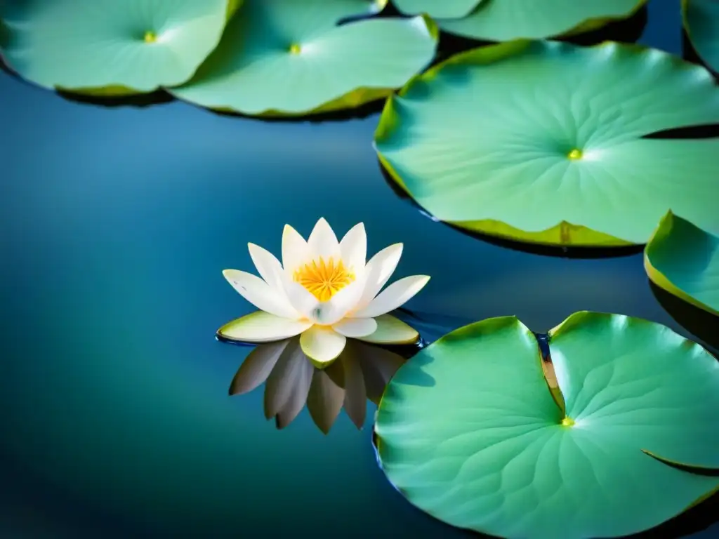 Un loto blanco flotando en un estanque sereno, rodeado de hojas verdes, reflejando su delicadeza