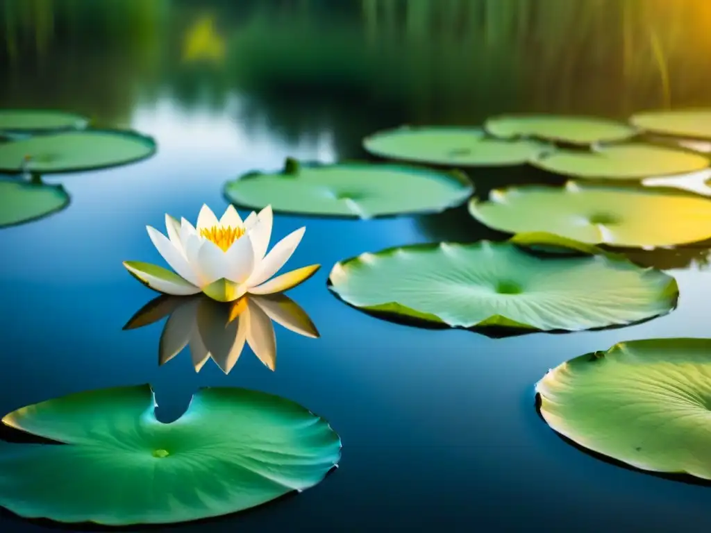 Un loto blanco florece en un estanque sereno al atardecer, entre nenúfares verdes